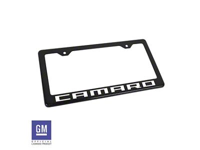 License Plate Frame with White Camaro Script; Carbon Fiber (Universal; Some Adaptation May Be Required)
