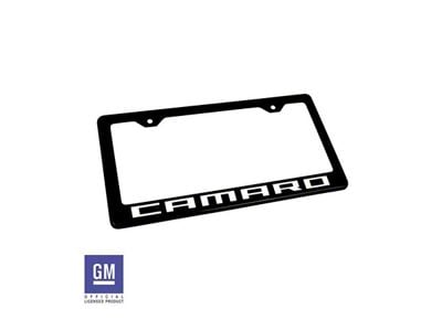 License Plate Frame with White Camaro Script; Matte Black (Universal; Some Adaptation May Be Required)