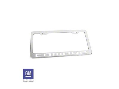 License Plate Frame with White Camaro Script; Polished Stainless Steel (Universal; Some Adaptation May Be Required)