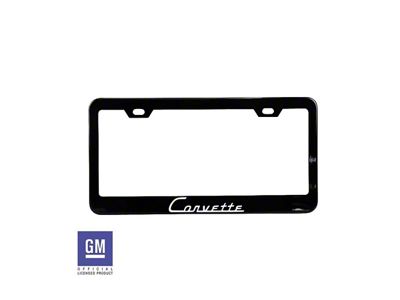 License Plate Frame with White Corvette Script; Matte Black Stainless Steel (Universal; Some Adaptation May Be Required)