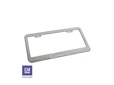 License Plate Frame with White Corvette Script; Polished Stainless Steel (Universal; Some Adaptation May Be Required)