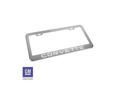 License Plate Frame with White Corvette Script; Polished Stainless Steel (Universal; Some Adaptation May Be Required)