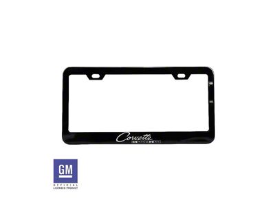 License Plate Frame with White Corvette Sting Ray Script; Matte Black Stainless Steel (Universal; Some Adaptation May Be Required)