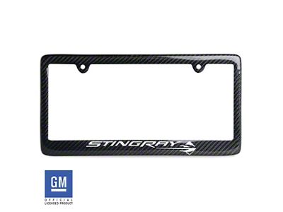 License Plate Frame with White Stingray Script and Logo; Carbon Fiber (Universal; Some Adaptation May Be Required)