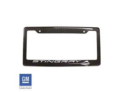 License Plate Frame with White Stingray Script and Logo; Carbon Fiber (Universal; Some Adaptation May Be Required)