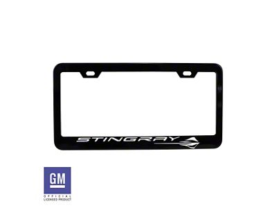License Plate Frame with White Stingray Script and Logo; Matte Black (Universal; Some Adaptation May Be Required)
