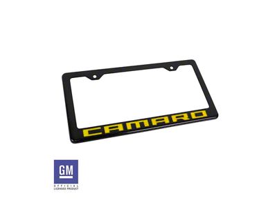 License Plate Frame with Yellow Camaro Script; Carbon Fiber (Universal; Some Adaptation May Be Required)