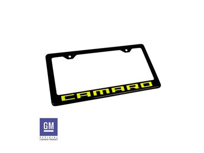 License Plate Frame with Yellow Camaro Script; Matte Black (Universal; Some Adaptation May Be Required)