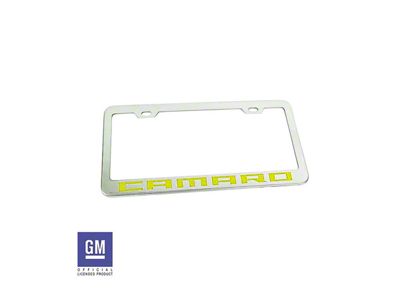 License Plate Frame with Yellow Camaro Script; Polished Stainless Steel (Universal; Some Adaptation May Be Required)
