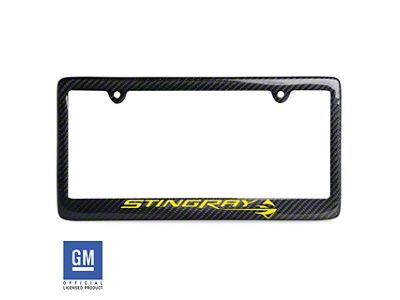 License Plate Frame with Yellow Stingray Script and Logo; Carbon Fiber (Universal; Some Adaptation May Be Required)