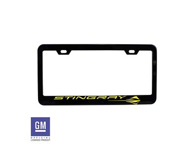 License Plate Frame with Yellow Stingray Script and Logo; Matte Black (Universal; Some Adaptation May Be Required)