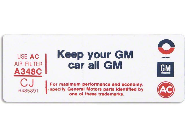 Camaro Air Cleaner Decal, Keep Your GM Car All GM, 1972