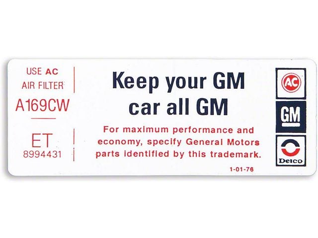 Camaro Air Cleaner Decal, Keep Your GM Car All GM, 1976