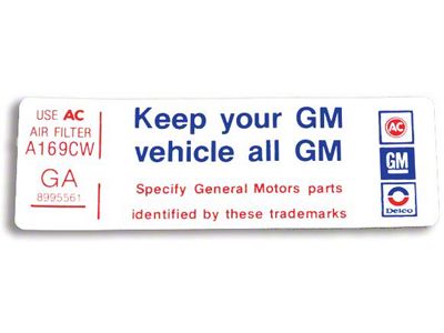 Camaro Air Cleaner Decal, Keep Your GM Car All GM, 250, 1977-1979