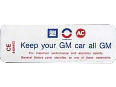 Camaro Air Cleaner Decal, Keep Your GM Car All GM, 250, 6-Cylinder, 1970