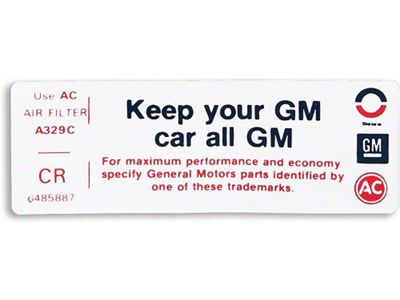 Camaro Air Cleaner Decal, Keep Your GM Car All GM, 350 Hi-Performance, Z28, 1972 (Z28 Coupe)