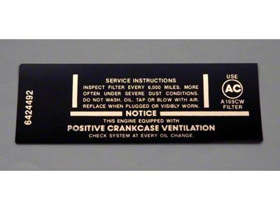 Camaro Air Cleaner Decal, Service Instruction, 327/210hp, 1967-1968