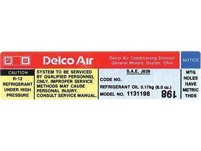 Camaro Air Conditioning Compressor Decal, Delco Compressor 1131198, 1979