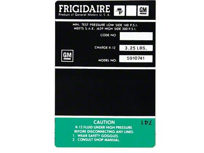 Camaro Air Conditioning Compressor Decal, Green, Frigidaire, 1970-1971