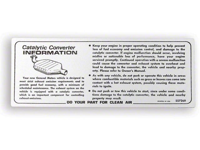 Camaro Catalytic Converter Instructions Decal, 1975-1978