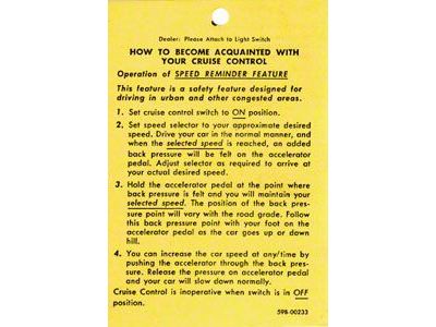 Camaro Cruise Control Operation Tag, 1967-1969