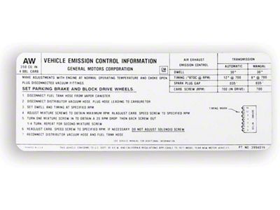 Camaro Decal, Emission Control, For 350 With 4-Barrel Carburetor, Automatic Or Manual Transmission, 1971