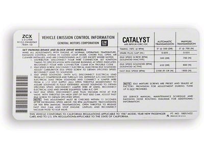 Camaro Decal, Emission Control, 5.0L, Automatic Or Manual Transmission, Code ZCX, 1987