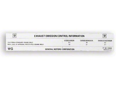 Camaro Decal, Emission Control, Non-High Performance Cars, 1972