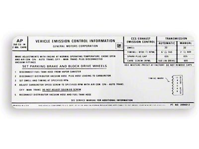 Camaro Emission Decal, Automatic Or Manual Transmission, California, 350ci 2-Barrel Carb, 1971