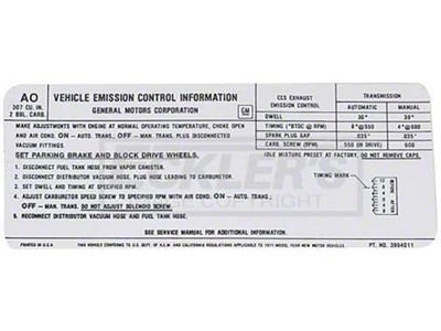 Camaro Emission Decal, Automatic Or Manual Transmission, 1971