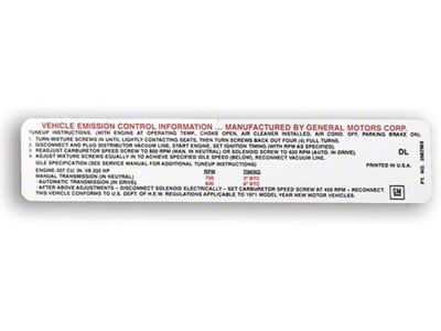 Camaro Emission Decal, Automatic Or Manual Transmission, 307ci/200hp, 1971Early
