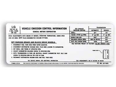 Emission Decal,A/T,M/T,350ci 2-Barrel Carb,1972