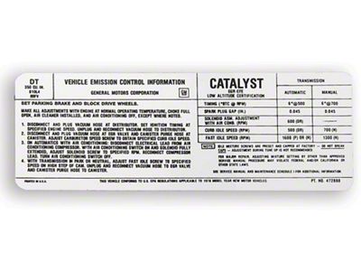 Camaro Emission Decal, Automatic Or Manual Transmission, 350ci 4-Barrel Carb, Z28, 1978 (Z/28 Coupe)