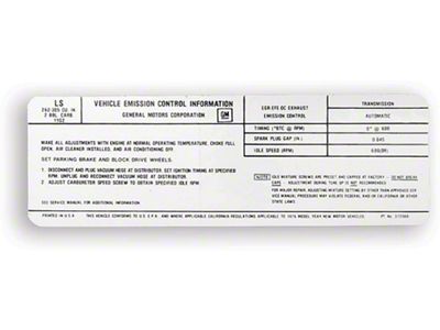 Camaro Emission Decal, Automatic Transmission, 262ci/305hp 2-Barrel Carb, 1976