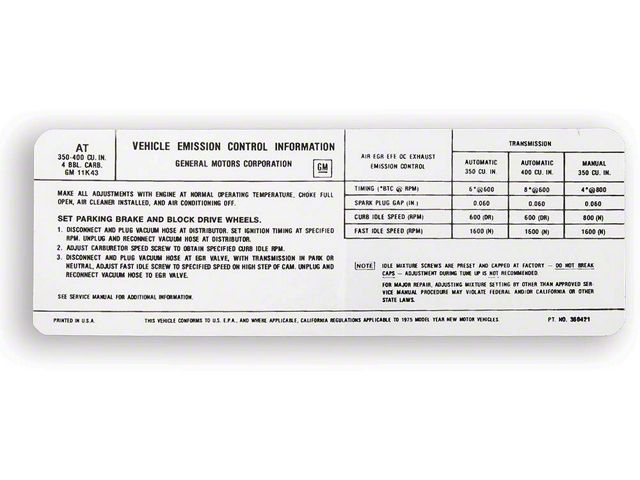 Camaro Emission Decal, California, 1975
