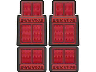 Front and Rear Floor Mats with Block Lettering; Red (67-92 Camaro)