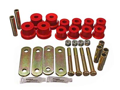 Front Heavy Duty Shackle Set with Spring and Shackle Bushings; Red (67-69 Camaro w/ Mono-Leaf Springs)