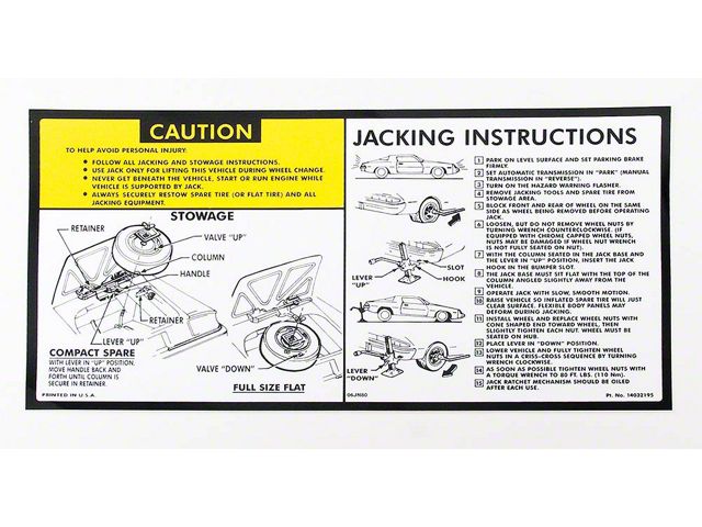 Camaro Jacking Instructions Decal, 1981