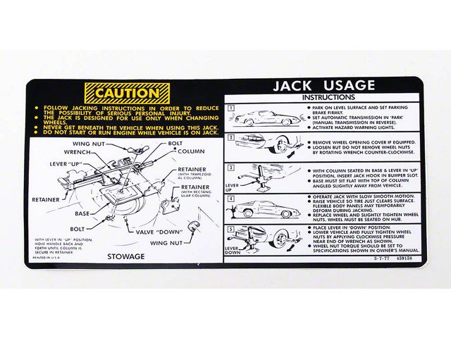 Jacking Instructions Decal,w/Regular Tire Spare,78-79