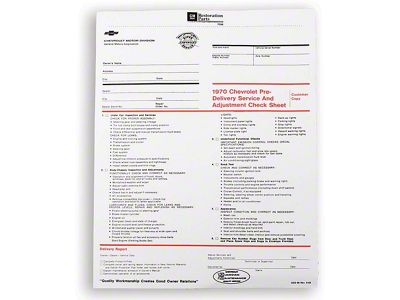 Camaro Pre-Delivery Inspection Sheet, 1970