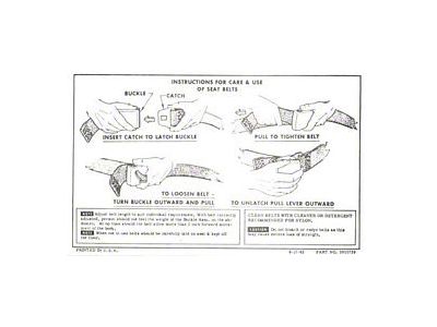 Camaro Seat Belt Instructions Card, 1967