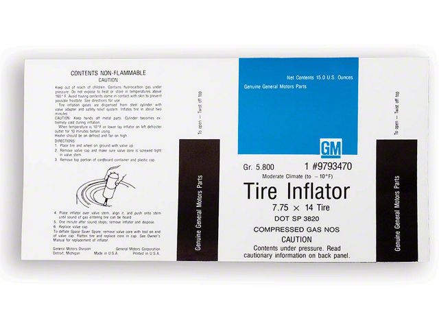 Camaro Space Saver Tire Inflator Decal, With 7.75 x 14, 1970-1972