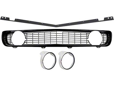 Standard Full Grille Kit with Silver/Chrome Ring Headlight Bezels; Black (1969 Camaro)