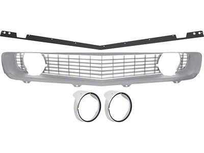 Standard Full Grille Kit with Silver/Chrome Ring Headlight Bezels; Silver (1969 Camaro)