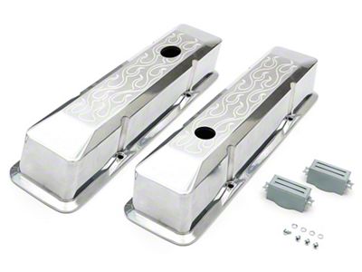 Tall Valve Covers with Beveled Edge; Flames; Polished (67-86 Small Block V8 Camaro)