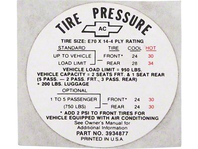 Camaro Tire Pressure Decal, 1968