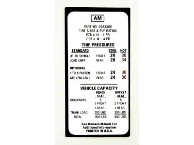 Camaro Tire Pressure Decal, 1970