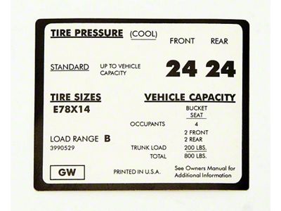 Camaro Tire Pressure Decal, 1971-1972