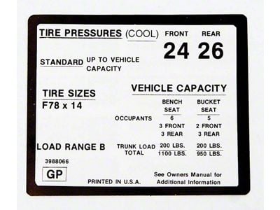 Camaro Tire Pressure Decal, 1971