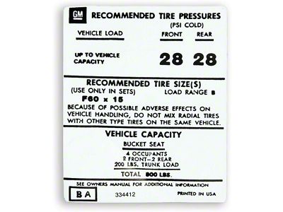 Camaro Tire Pressure Decal, 1973-1974
